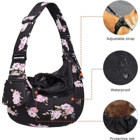 Dog Cat Sling Carrier, Pet Tote Bag Hands Free Adjustable Floral Black Pink - Picture 7 of 16